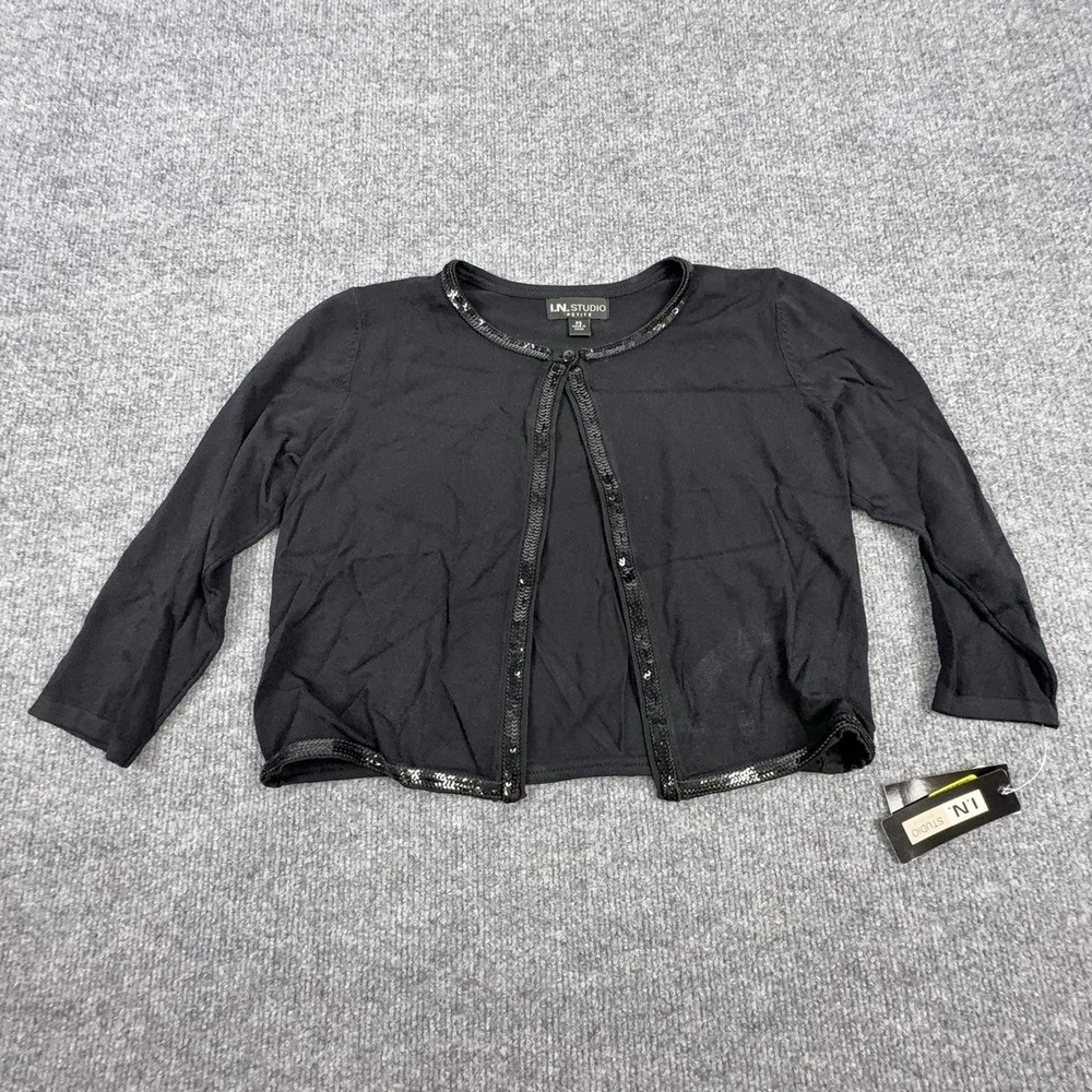 I.N. Studio Cardigan Sweater Womens Petite PS Black Sequin Open Front 3/4 Sleeve